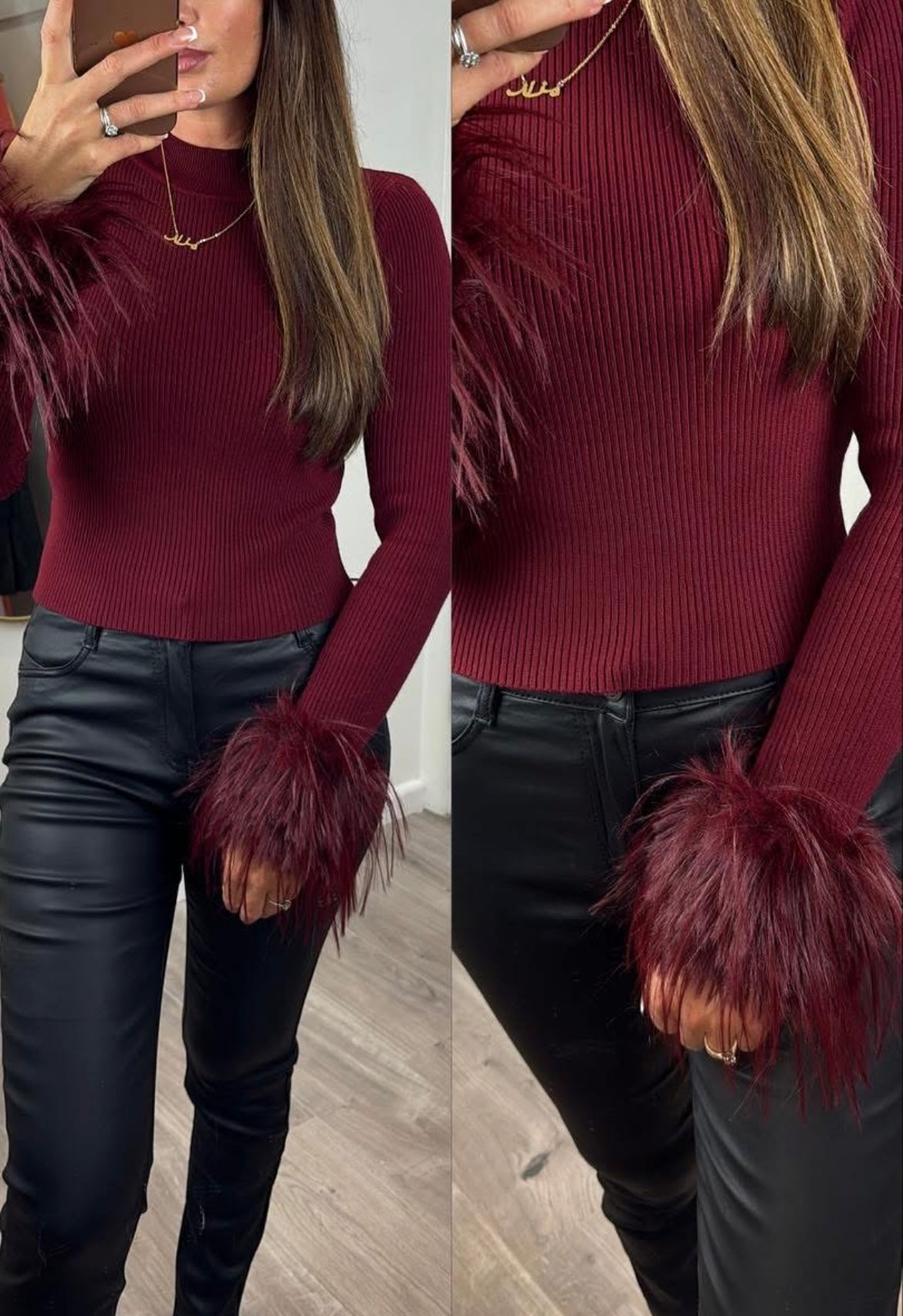 Berry Ribbed Jumper with Fluffy Cuffs
