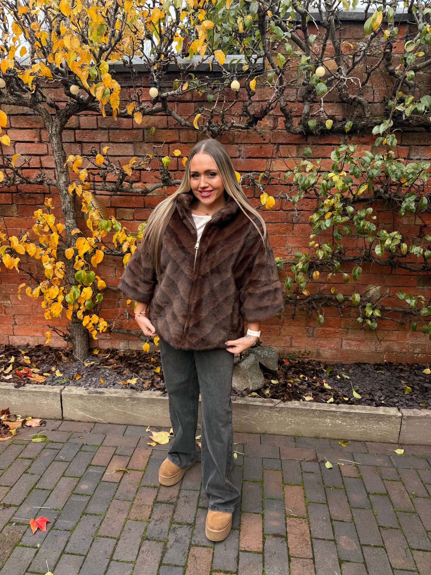 Brown Malissa J Faux Fur 3/4 Sleeve Jacket