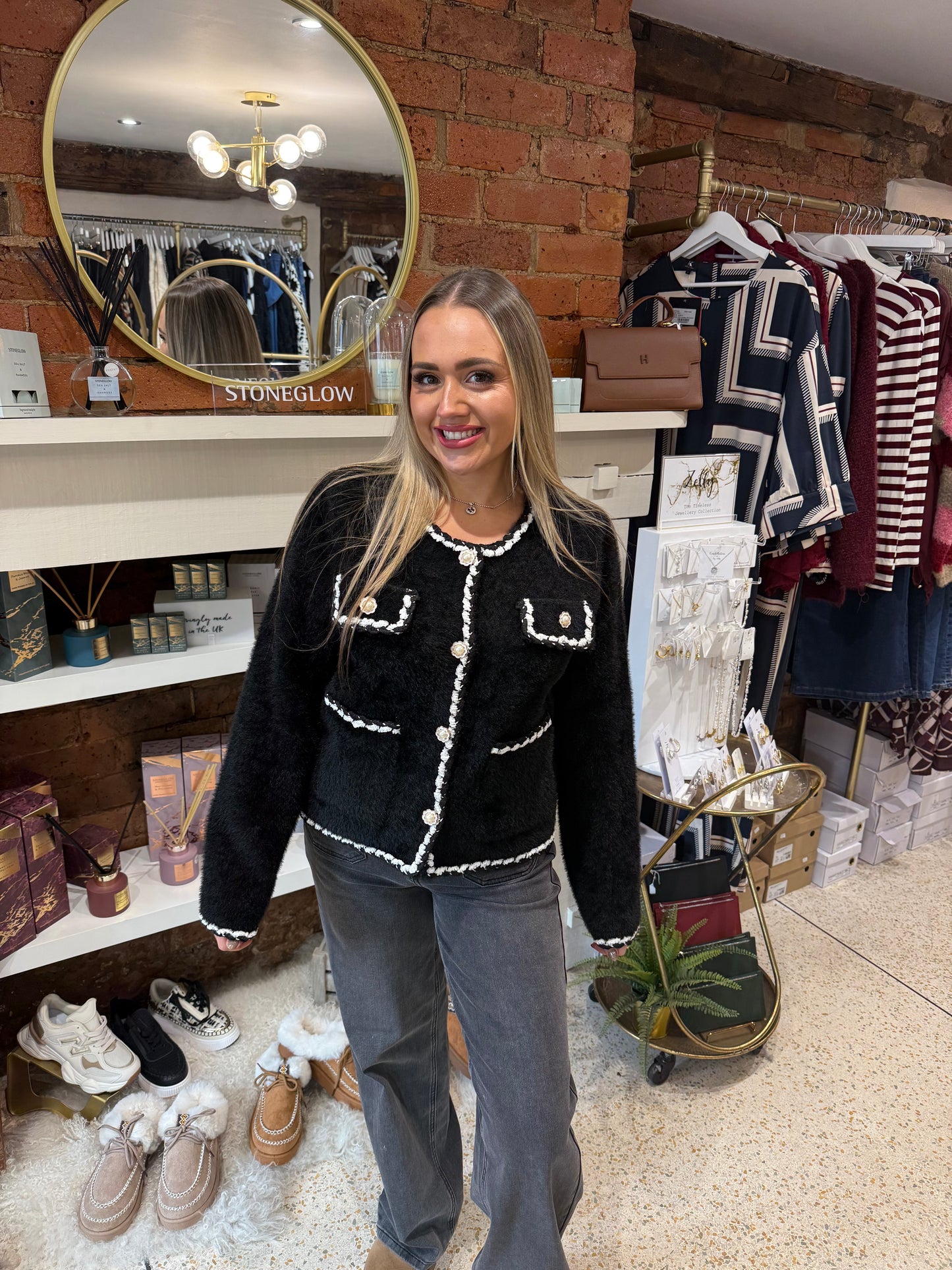 Black Contrast Pearl Button Cardigan