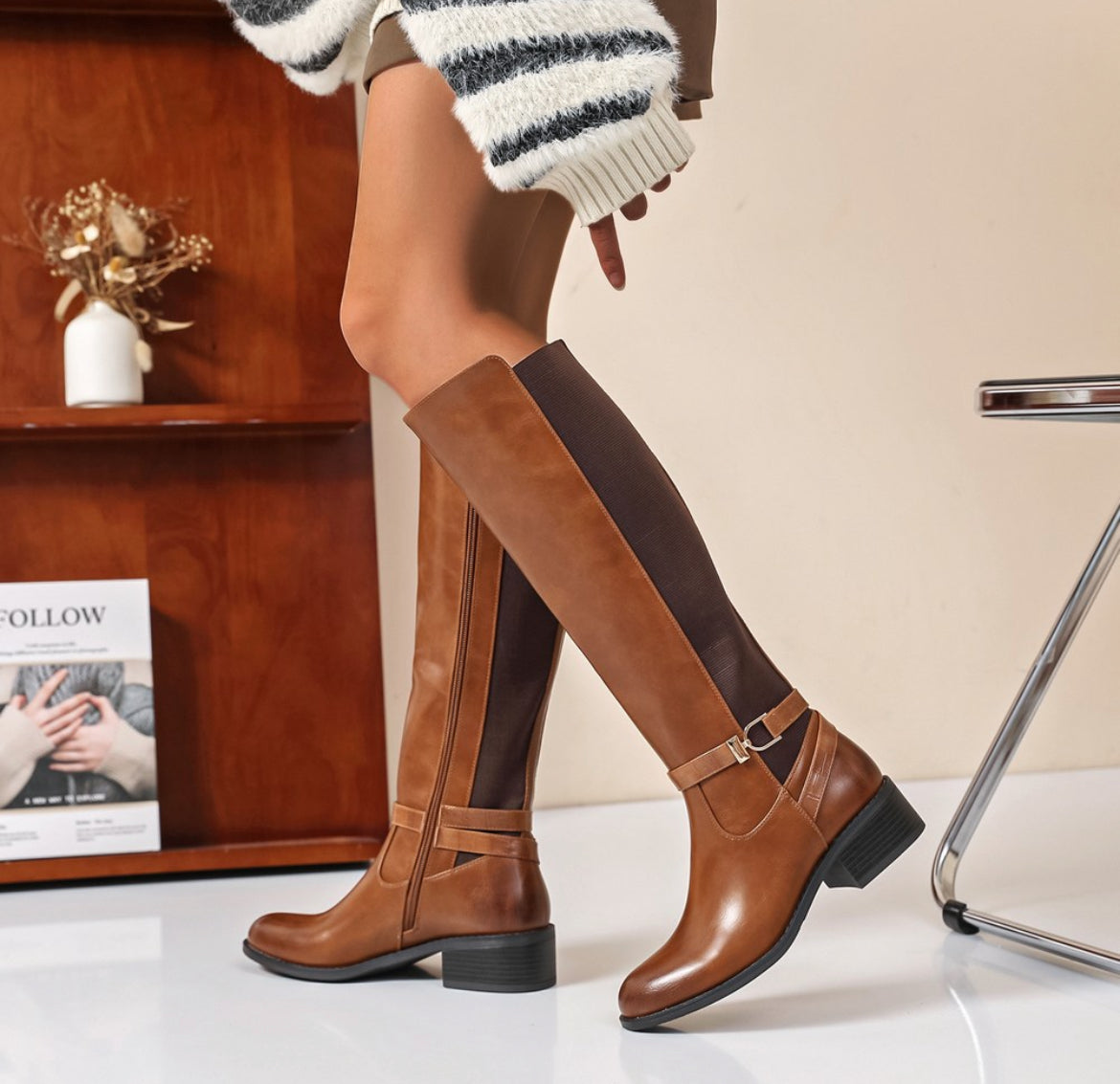 Tan Knee High Buckle Boots