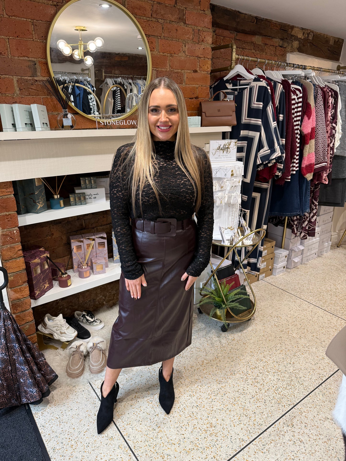 Burgundy Leather Midi Skirt