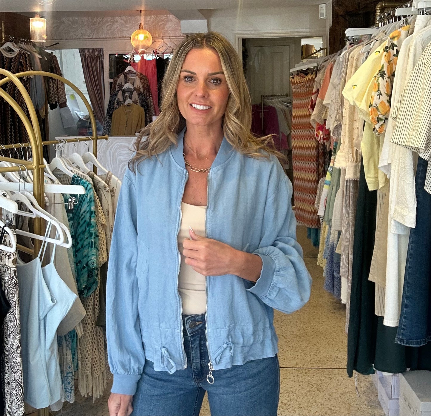 Powder Blue Linen Bomber Jacket