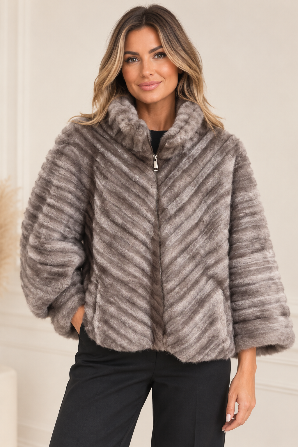 Malissa J Greige Faux Fur jacket