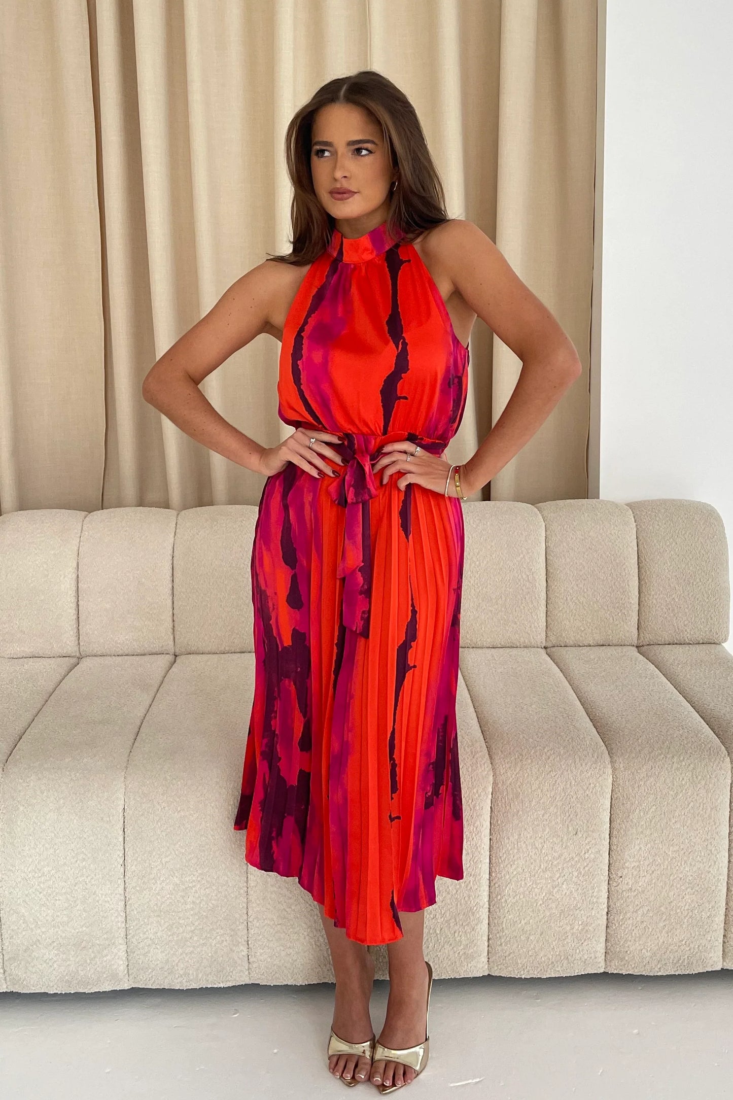 Carla Red Marble Pleated Dress
