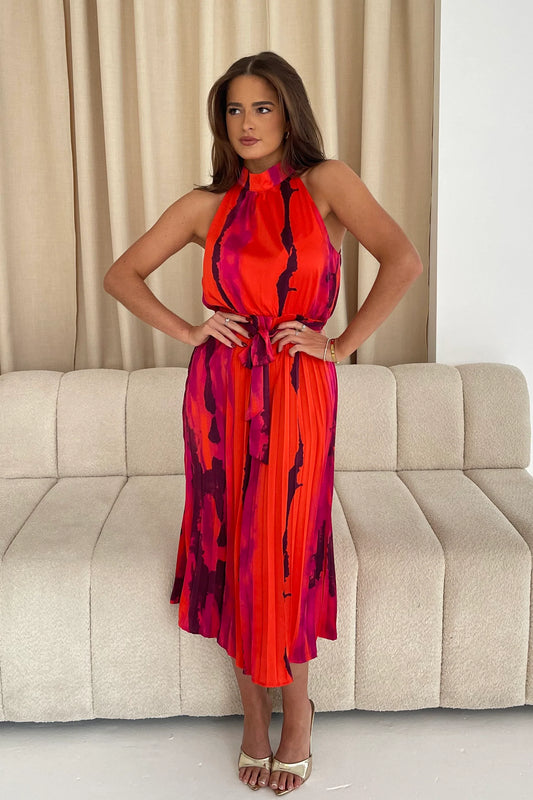 Carla Red Marble Pleated Dress