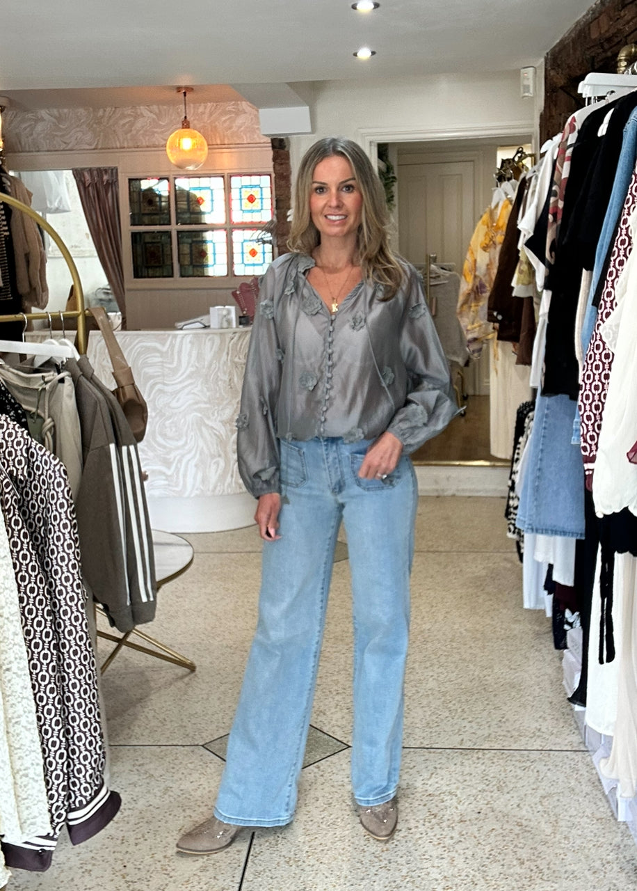 Grey Flower Detail Blouse