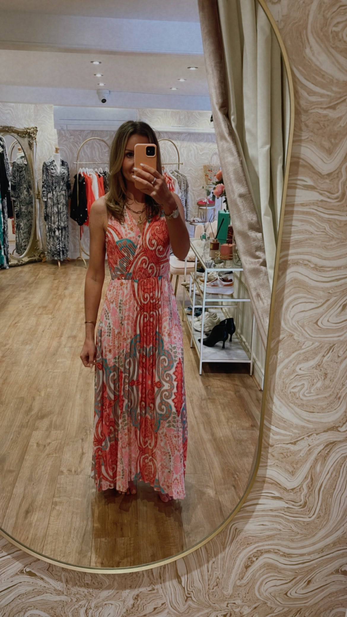 Pink Paisley Pleated Maxi Dress