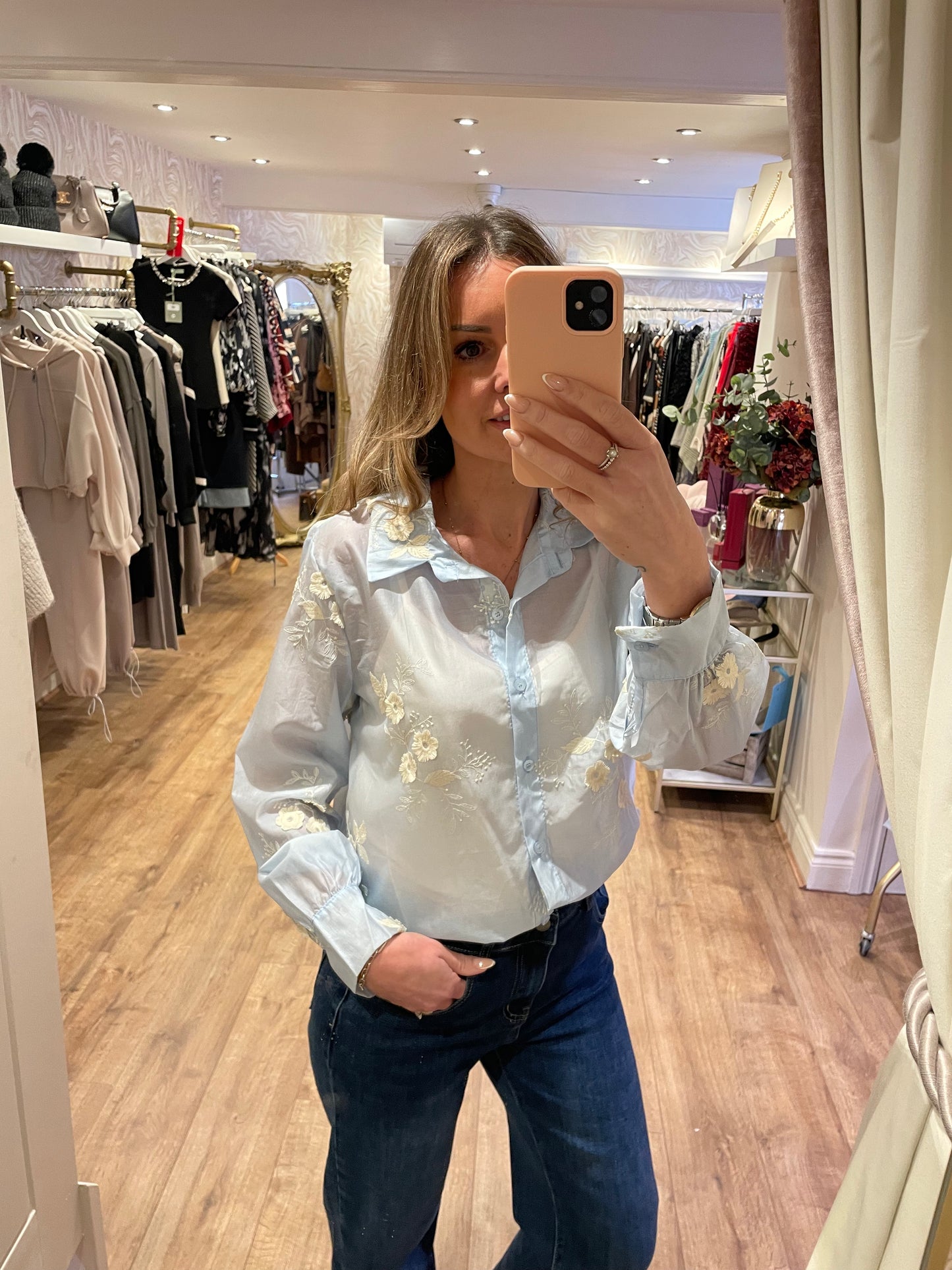 Blue Flower Embroidered Shirt