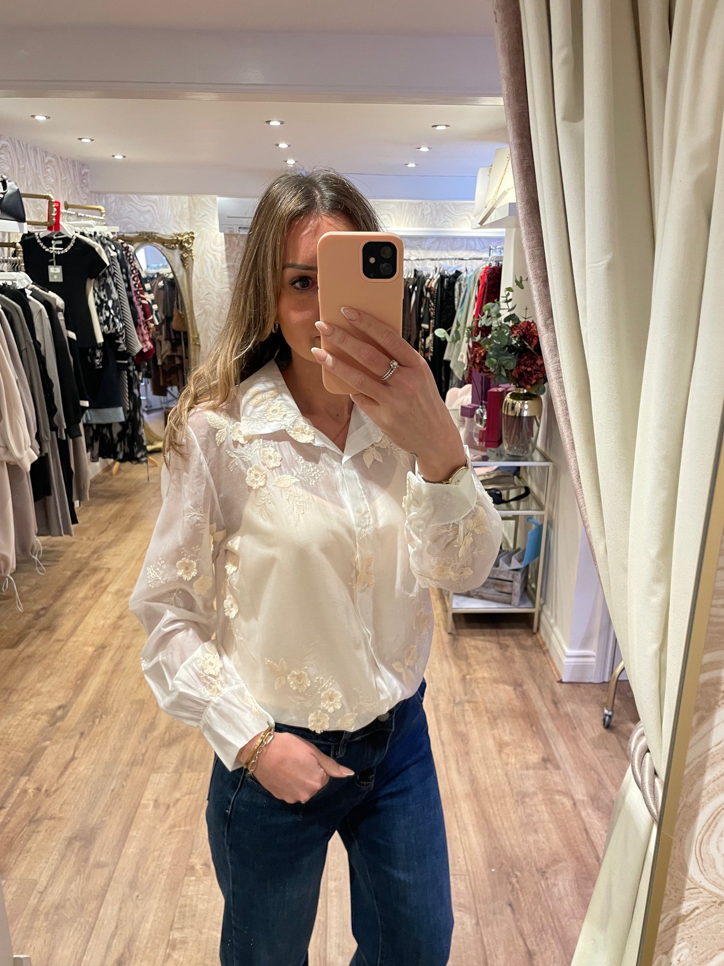 Cream Flower Embroidered Shirt