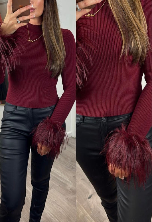Berry Ribbed Jumper with Fluffy Cuffs