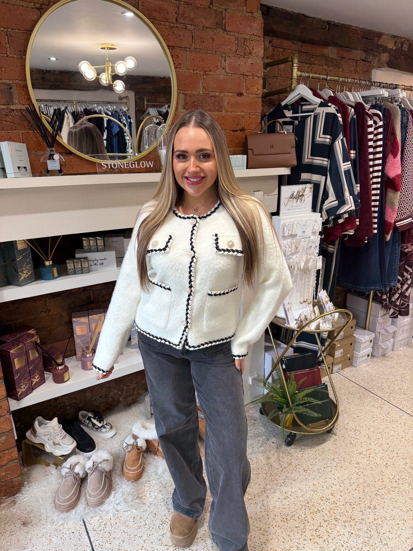 White Contrast Pearl Button Cardigan