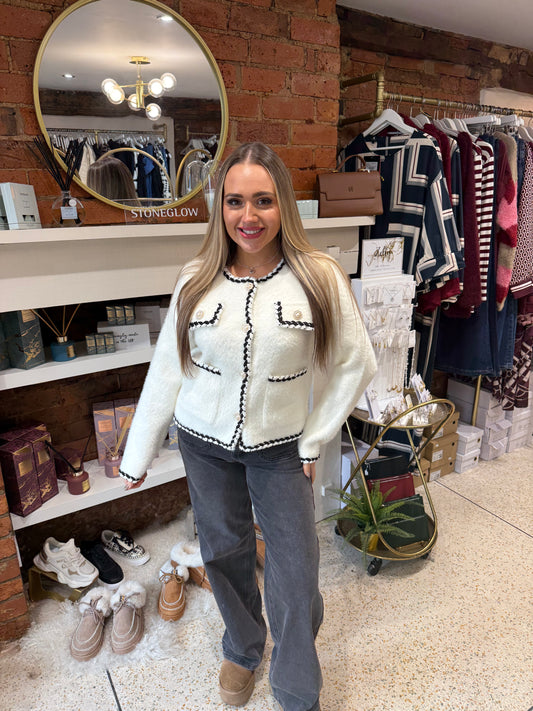 White Contrast Pearl Button Cardigan