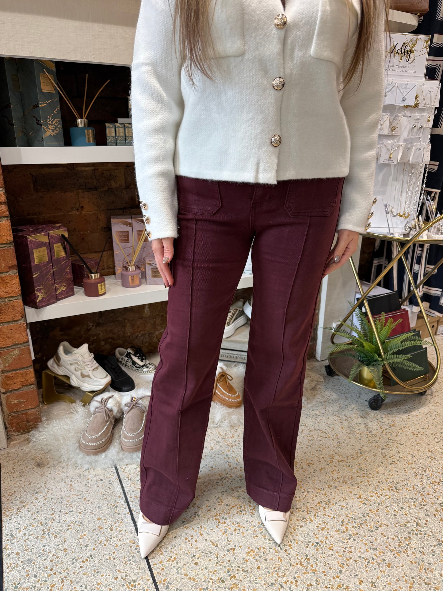 Burgundy Pocket Wide Leg Jeans