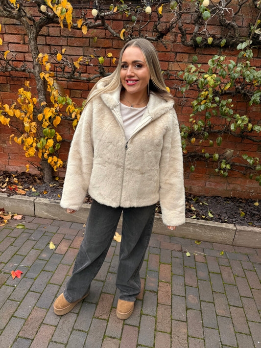 Cream Hooded Faux Fur Jacket
