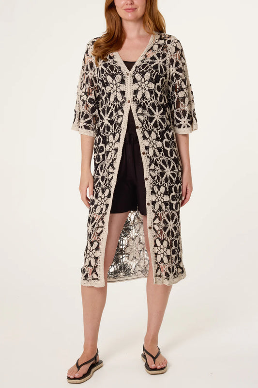 Stone & Black Crochet Long Cardigan