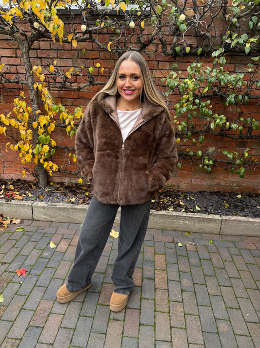Brown Hooded Faux Fur Jacket