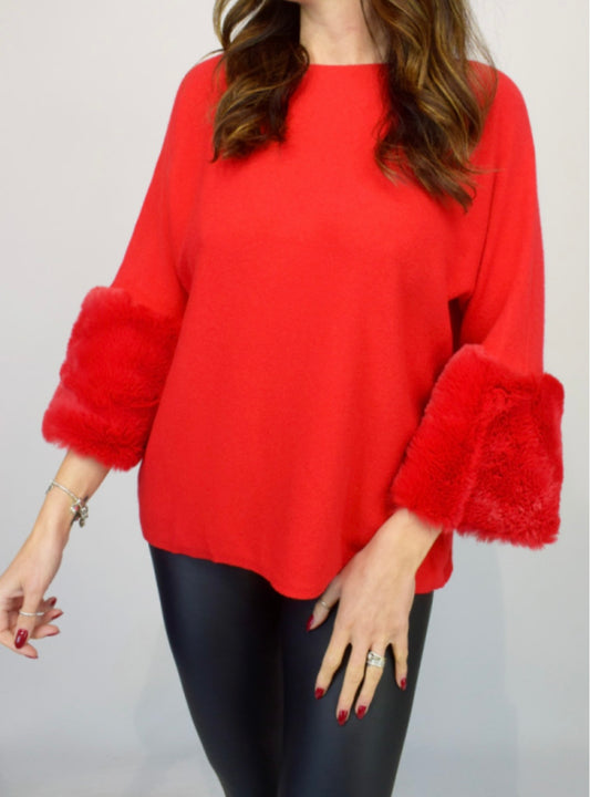 Red Fur Cuff Jumper