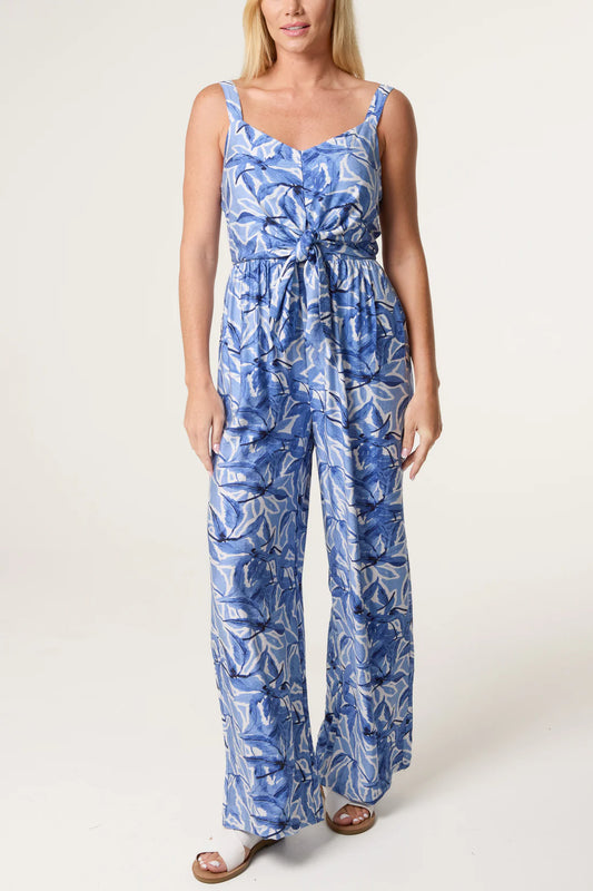 Blue Leaf Print Jumpsuit