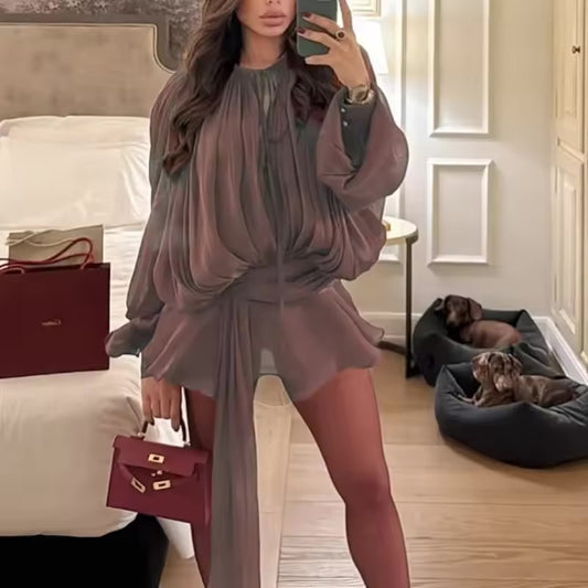 Chocolate Long Sleeve Flounce Dress