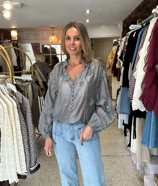 Grey Flower Detail Blouse