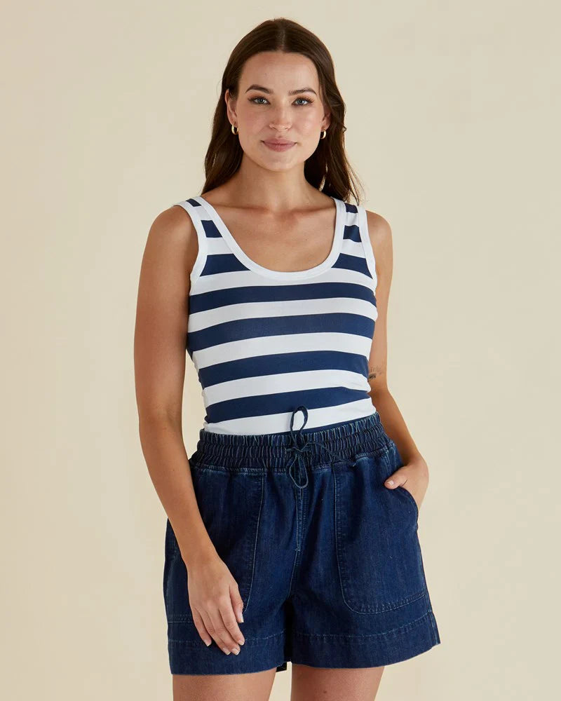 Betty Basics Emma Scoop Vest Top Navy Stripe