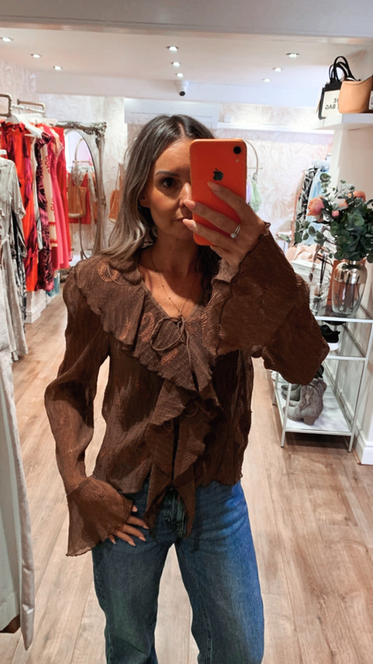 Brown Feather Tie Blouse