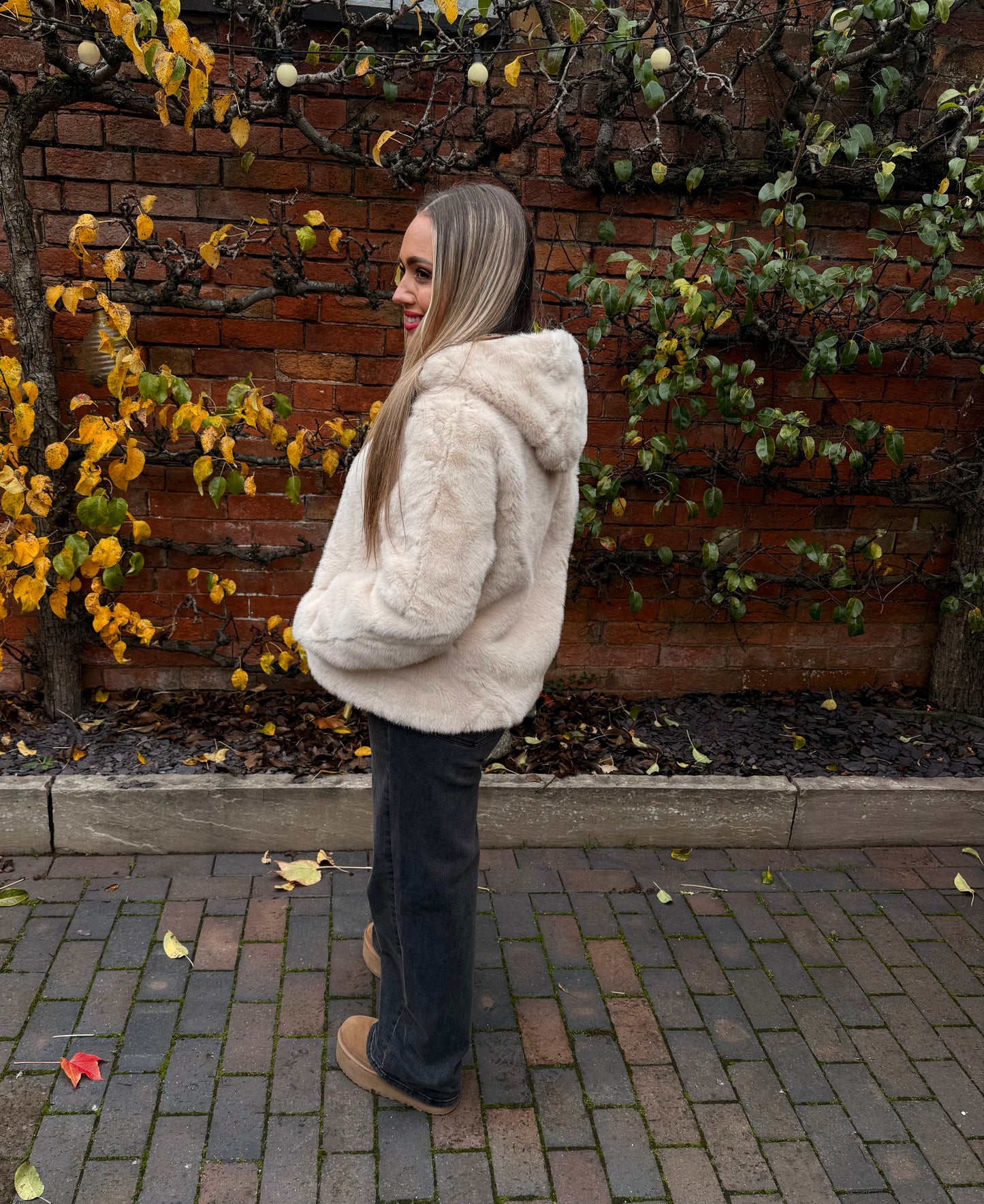 Cream Hooded Faux Fur Jacket
