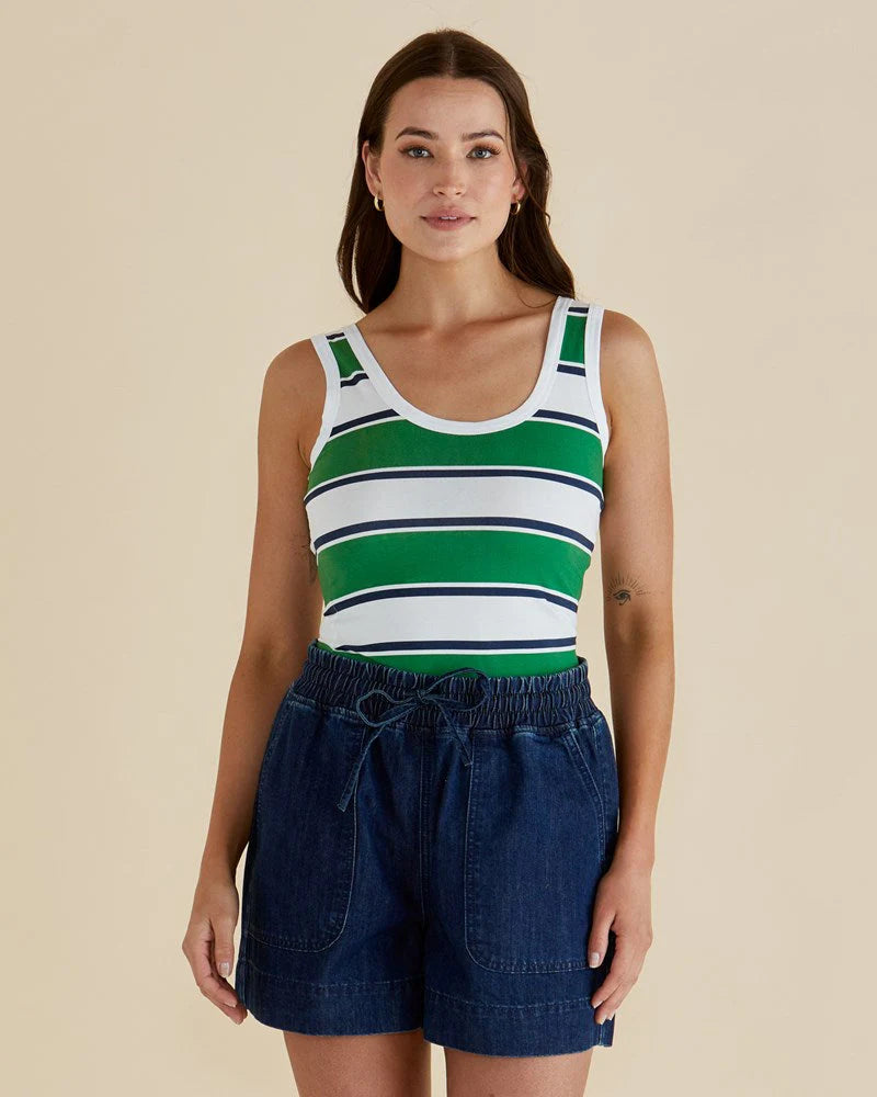 Betty Basics Emma Scoop Vest Top Navy /Green Stripe