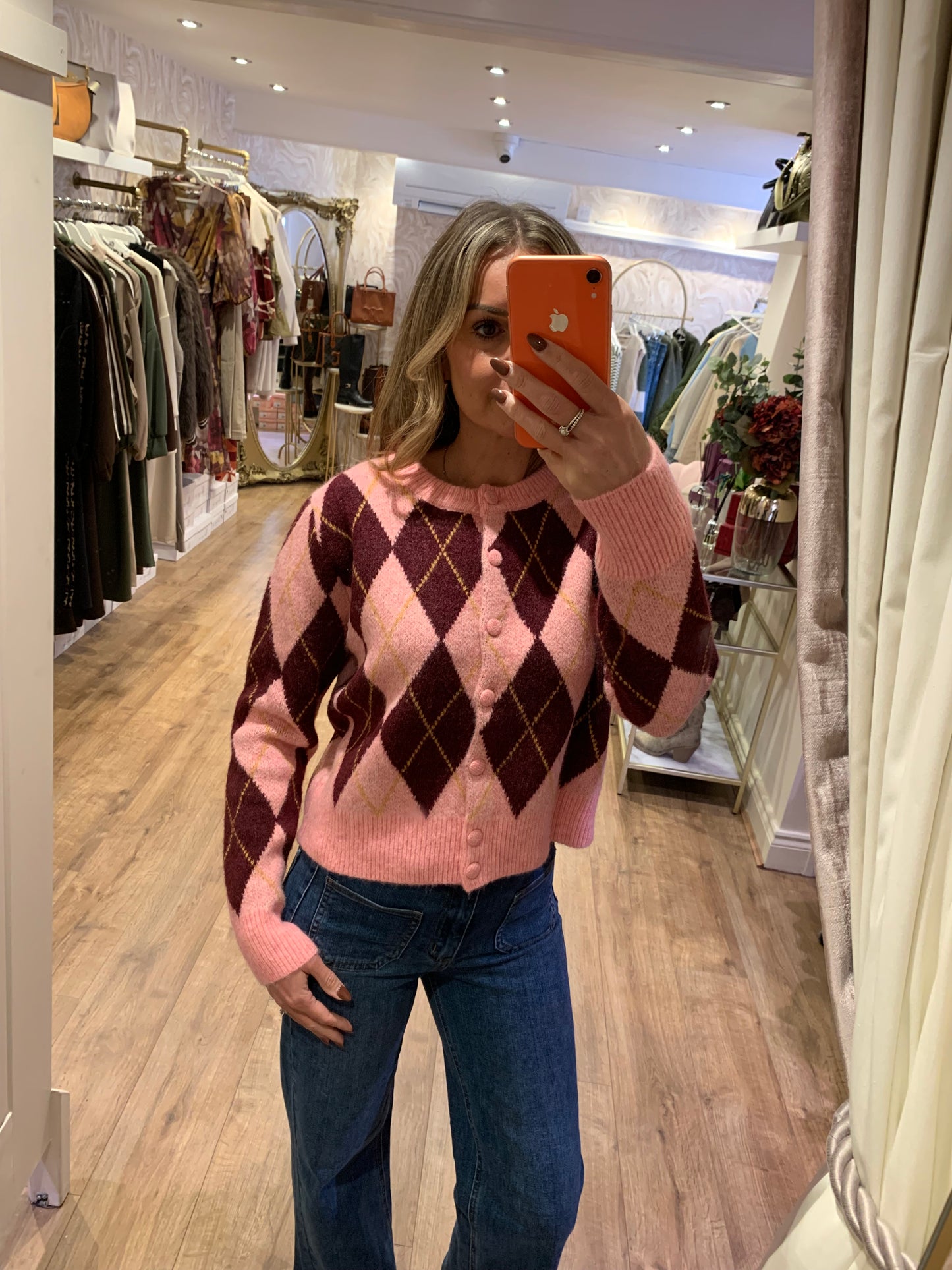 Pink Argyle Button Up Cardigan