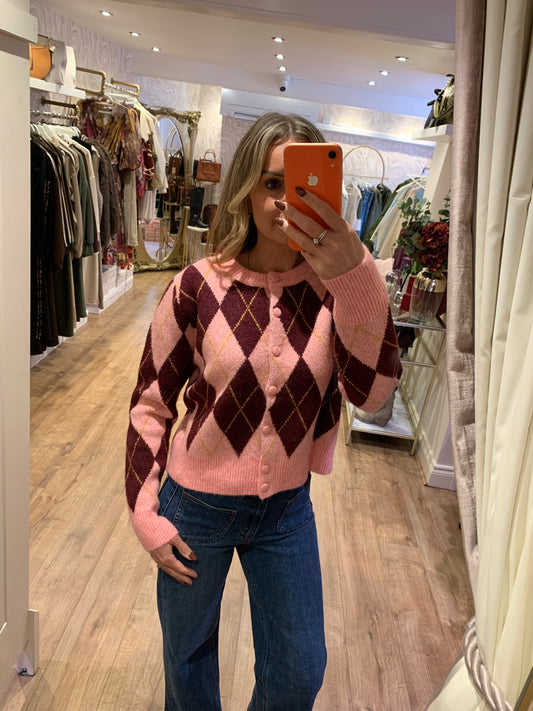 Pink Argyle Button Up Cardigan