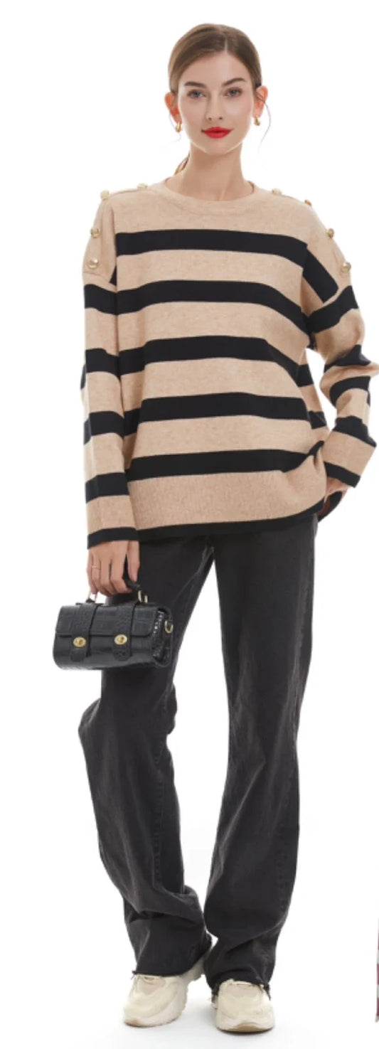 Tan Stripe Gold Button Jumper