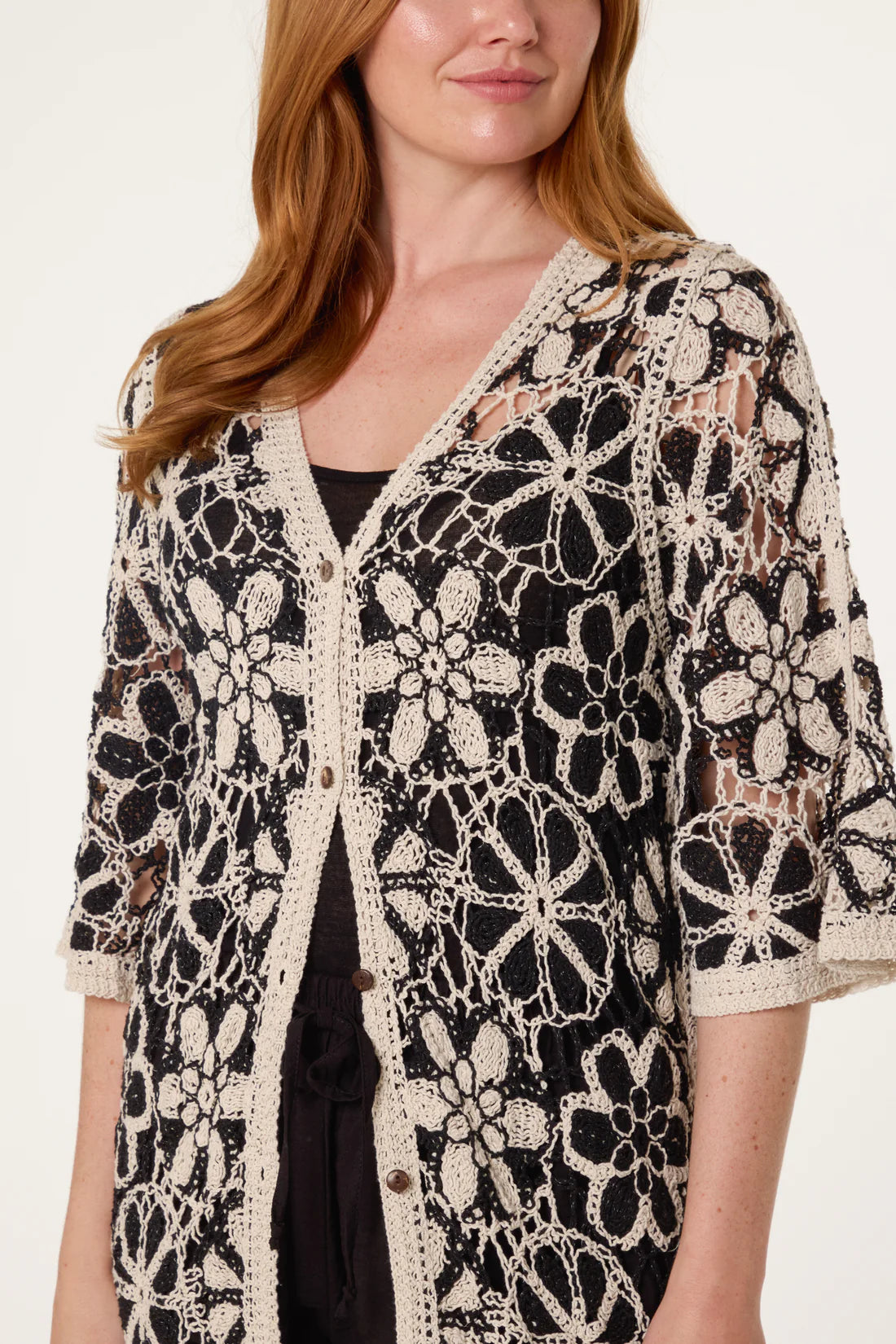 Stone & Black Crochet Long Cardigan