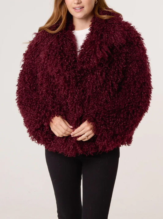 Berry Mongolian Faux Fur Shaggy Coat