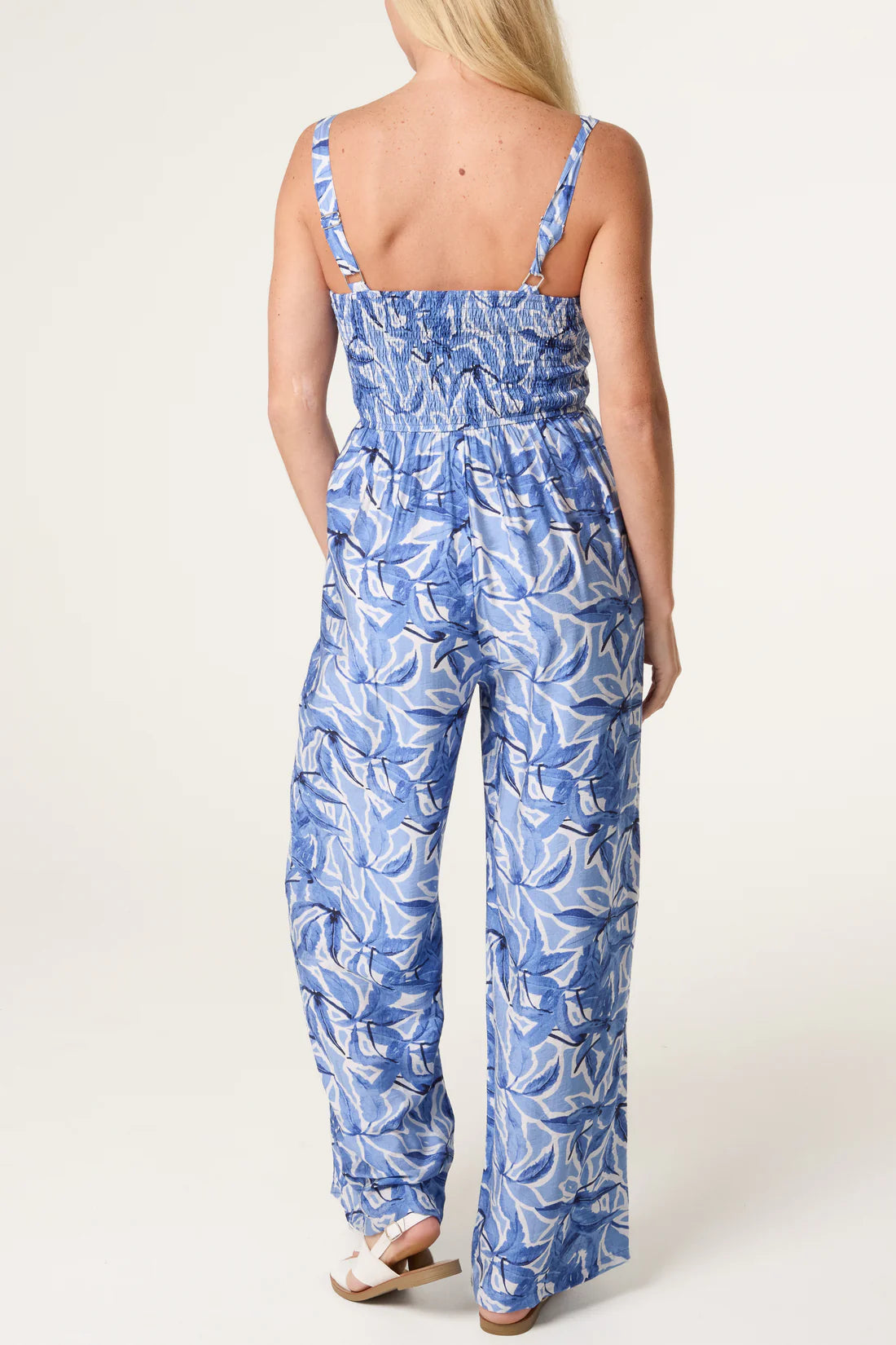 Blue Leaf Print Jumpsuit