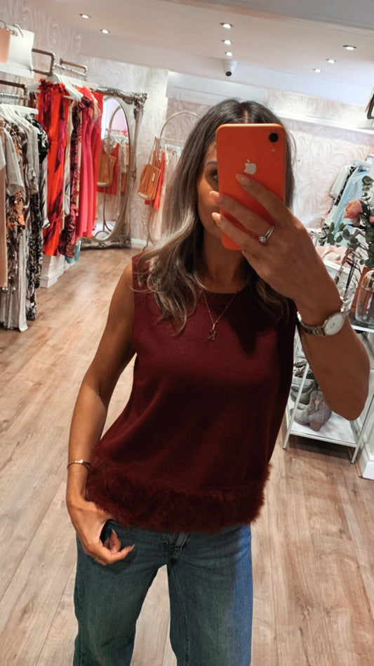 Wine Fur Trim Tank Top