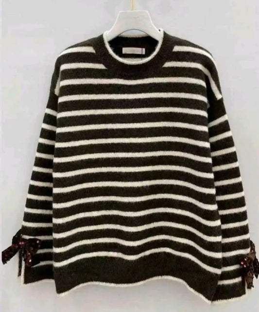 Brown Stripe Bow Detail Jumper