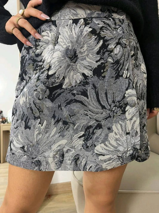 Grey Floral Mini Skirt