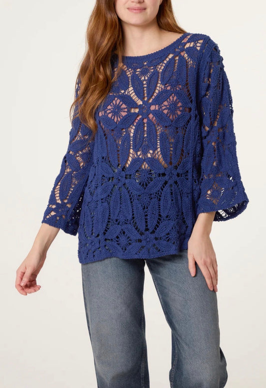Navy Crochet Floral Top
