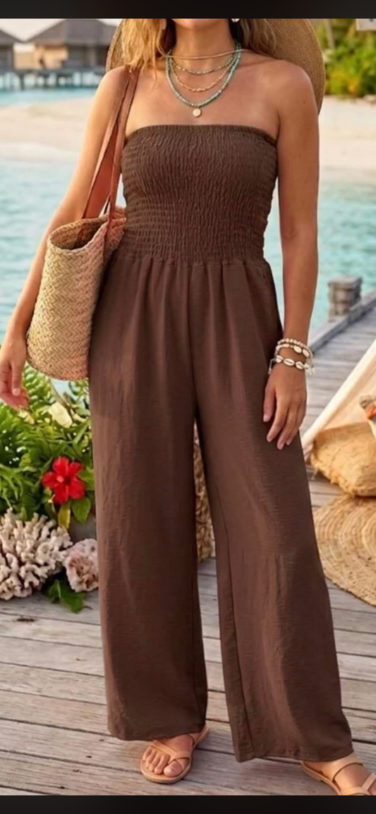 Brown Shirred Jumpsuit