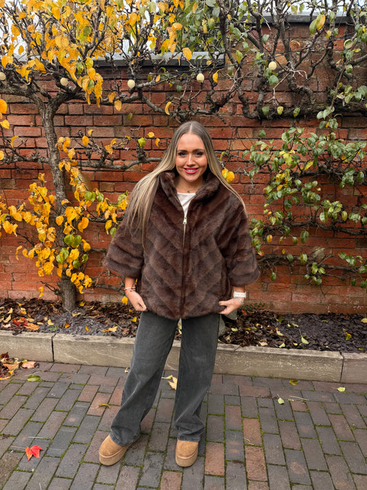 Brown Malissa J Faux Fur 3/4 Sleeve Jacket