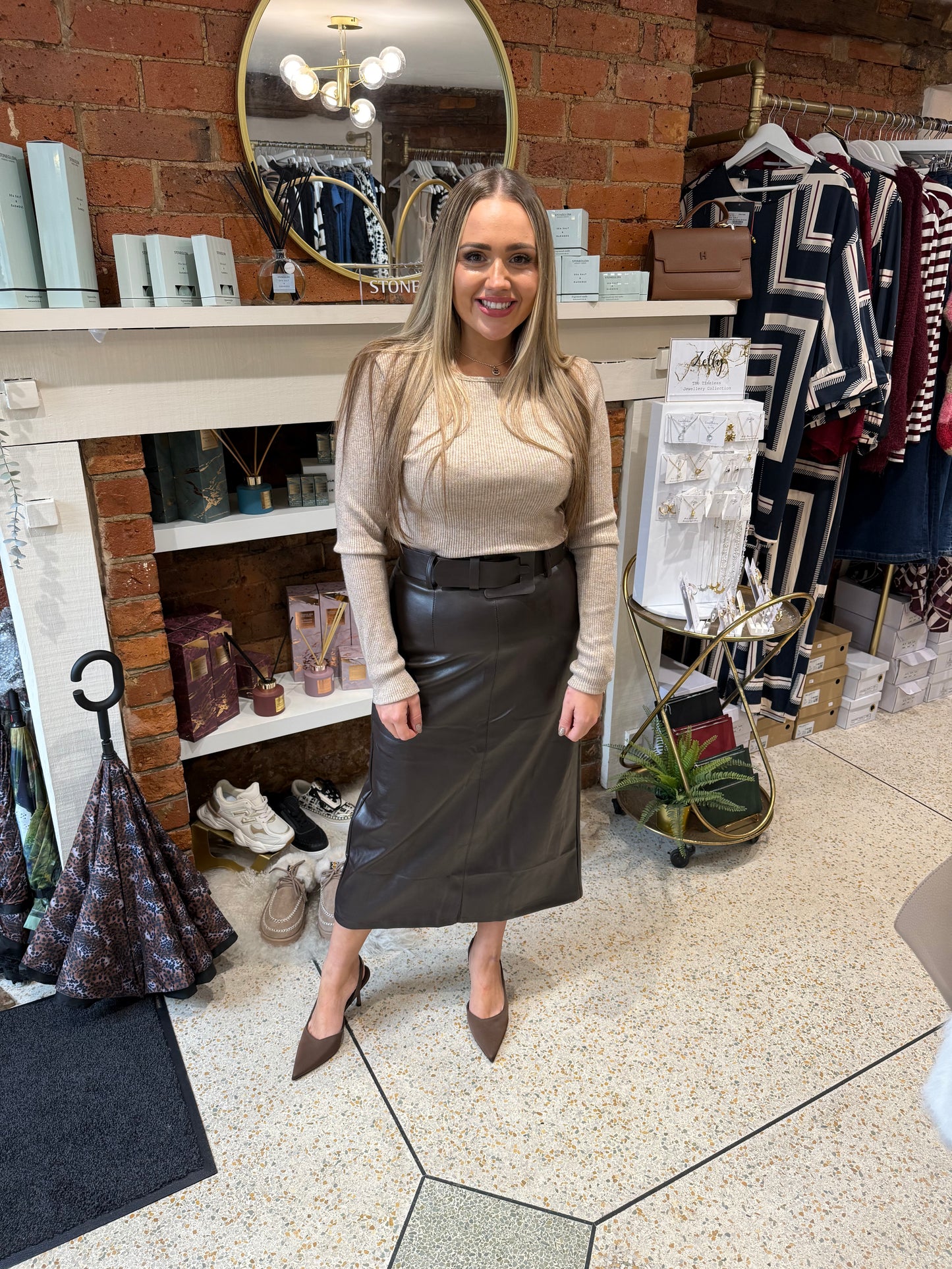 Brown Leather Midi Skirt