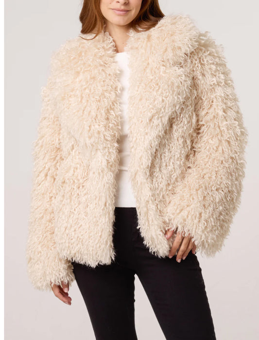 Stone Mongolian Faux Fur Shaggy Coat
