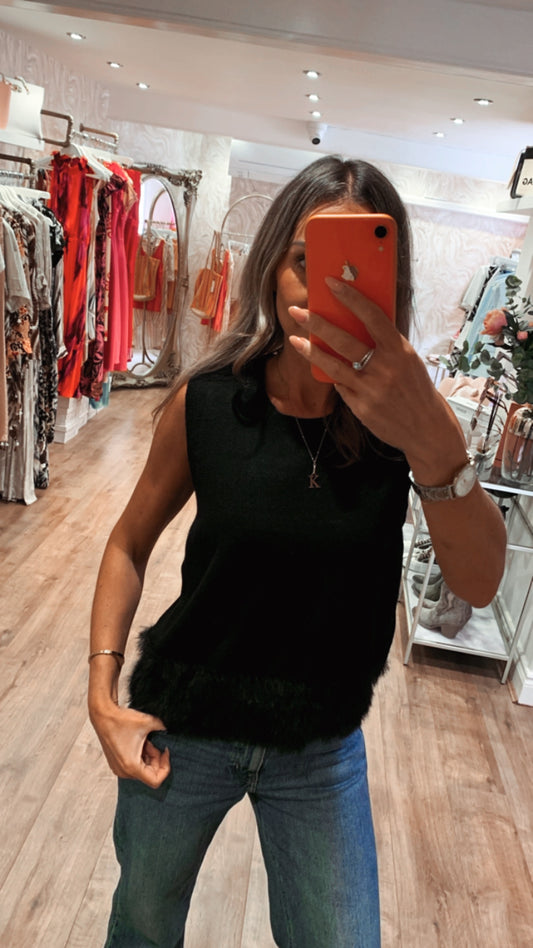 Black Fur Trim Tank Top