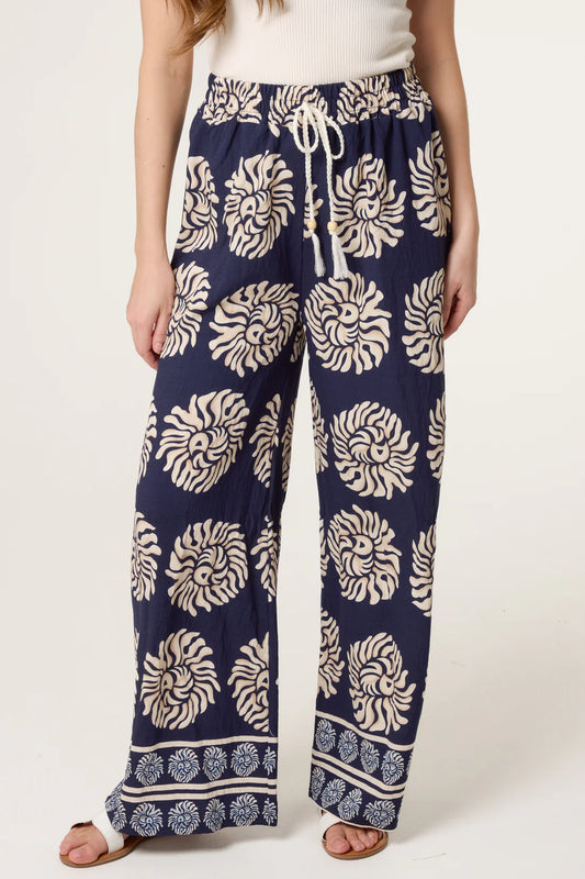 Navy Print Wide Leg Trousers