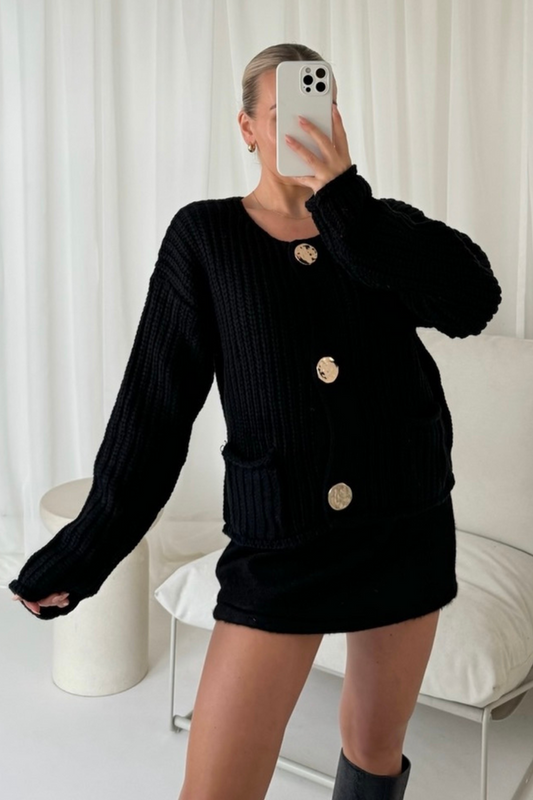 Black Gold Button Chunky Knit Cardigan