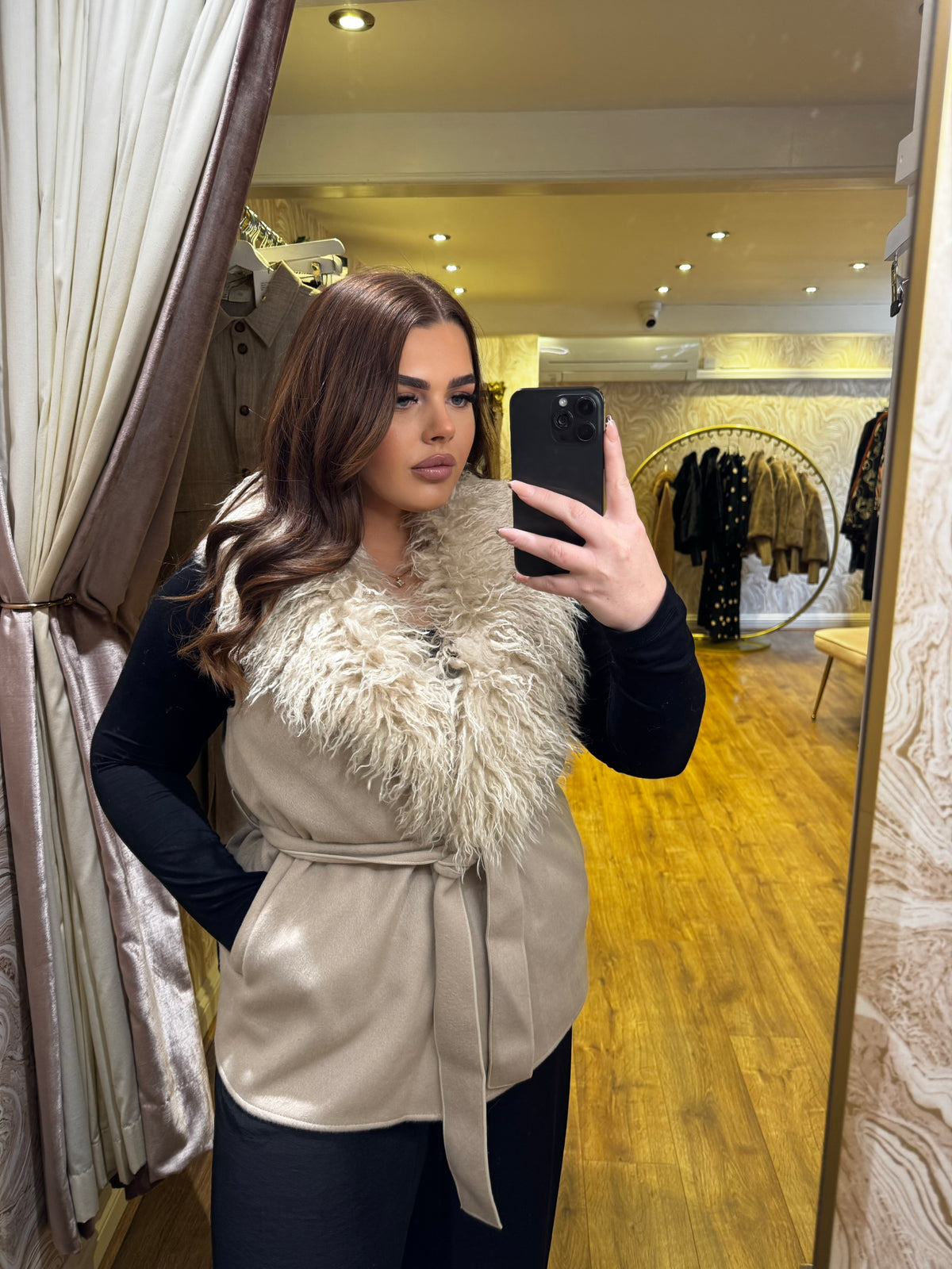 Malissa J Mongolian Fur Collar Gilet Stone