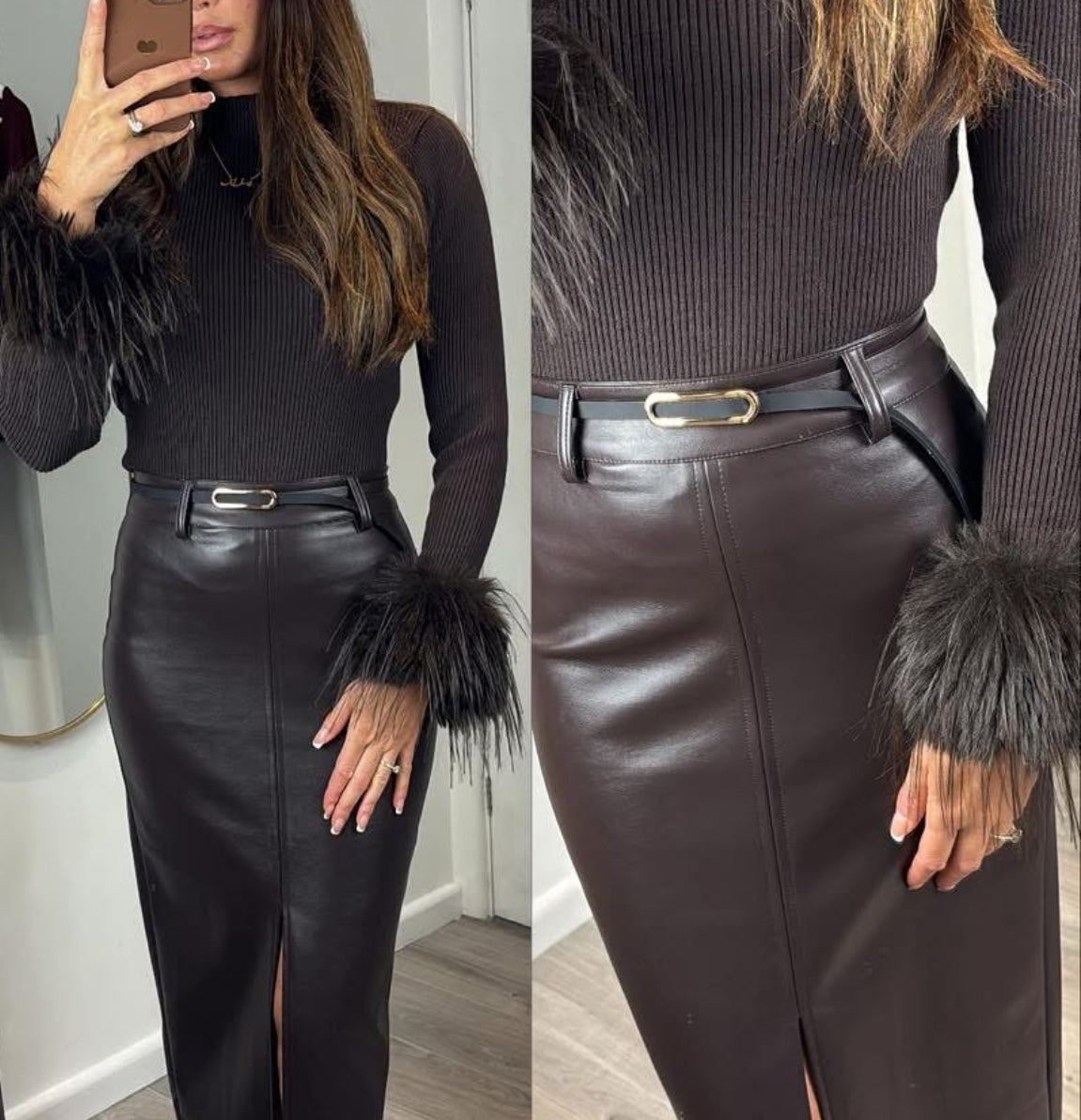 Chocolate Ribbed Jumper with Fluffy Cuffs