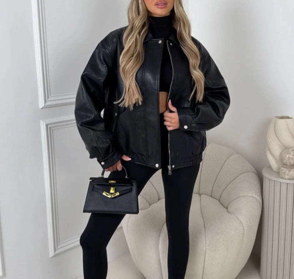 Black Faux Leather Bomber Jacket