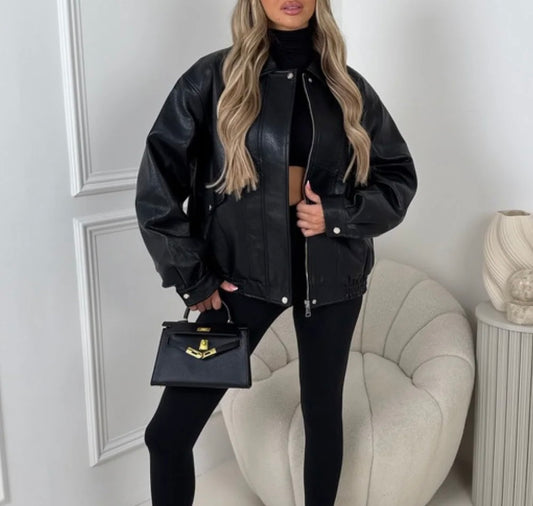 Black Faux Leather Bomber Jacket