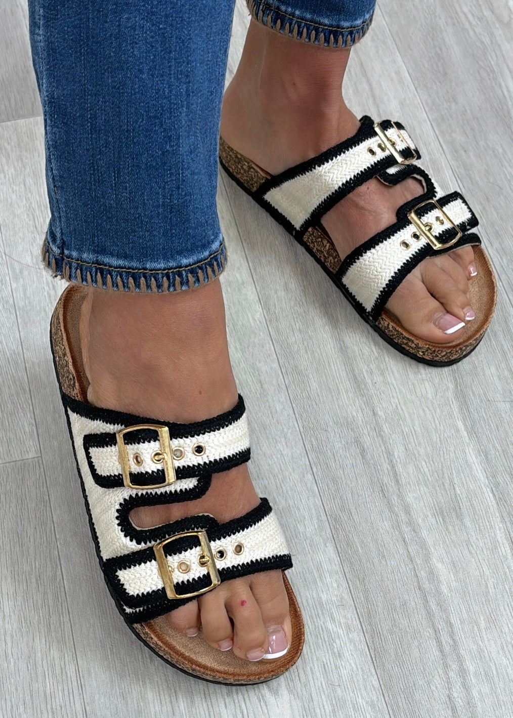 Black & Cream Buckle Sandals